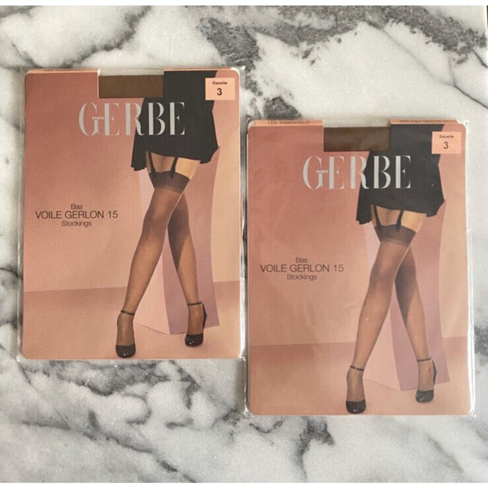 NWT GERBE Thigh High Stockings 2 Pairs Garter 15 Deniers Gazelle Size 3 France